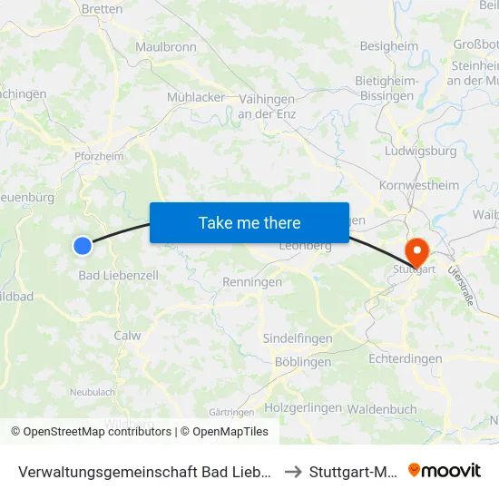 Verwaltungsgemeinschaft Bad Liebenzell to Stuttgart-Mitte map