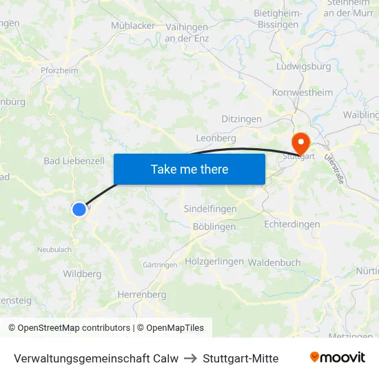 Verwaltungsgemeinschaft Calw to Stuttgart-Mitte map