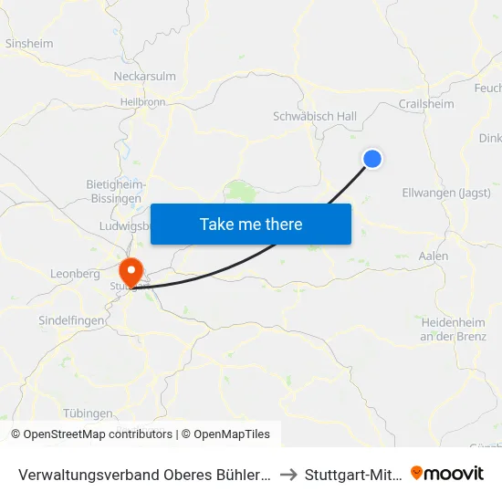 Verwaltungsverband Oberes Bühlertal to Stuttgart-Mitte map