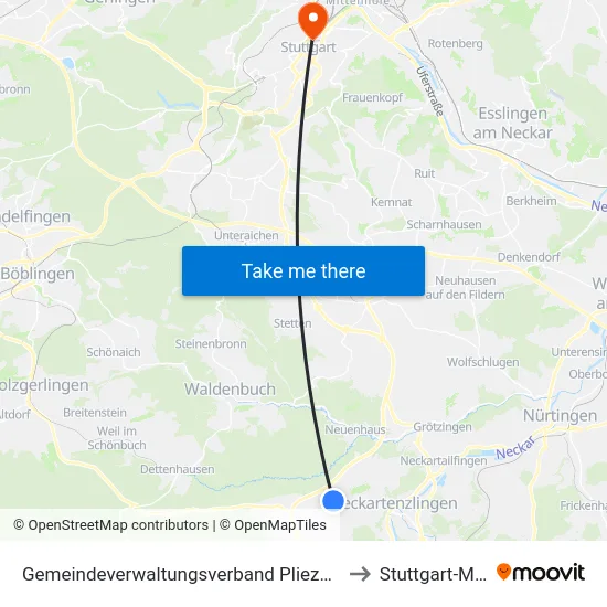 Gemeindeverwaltungsverband Pliezhausen to Stuttgart-Mitte map