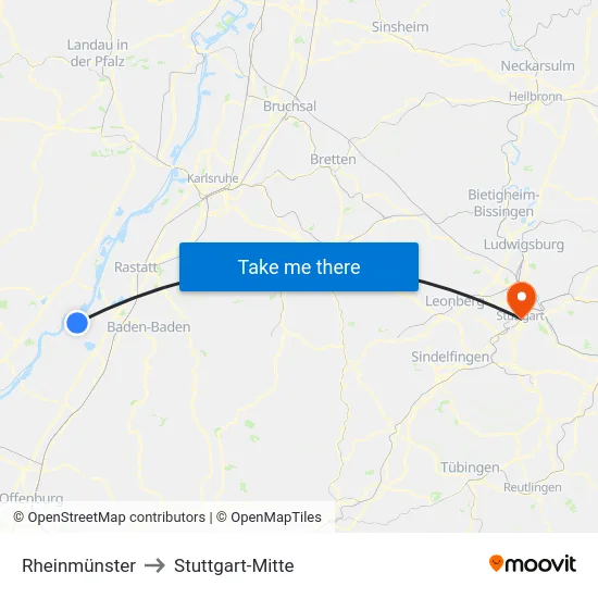 Rheinmünster to Stuttgart-Mitte map