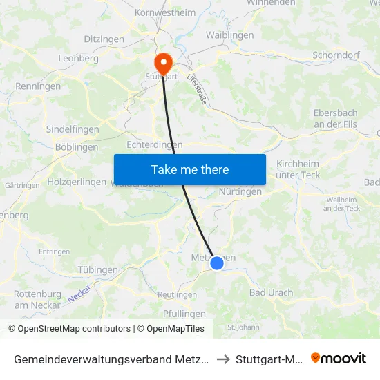 Gemeindeverwaltungsverband Metzingen to Stuttgart-Mitte map