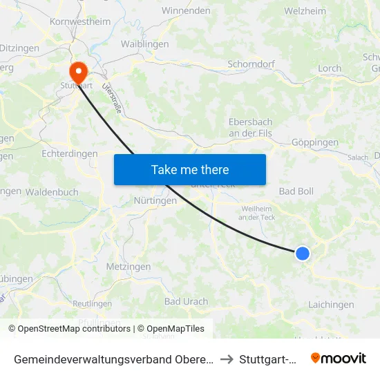Gemeindeverwaltungsverband Oberes Filstal to Stuttgart-Mitte map