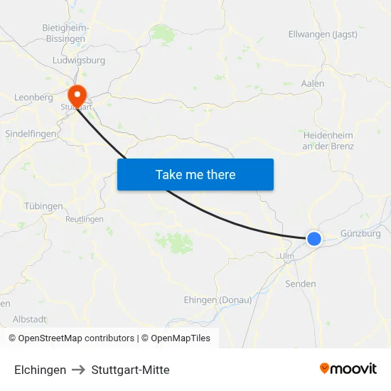 Elchingen to Stuttgart-Mitte map