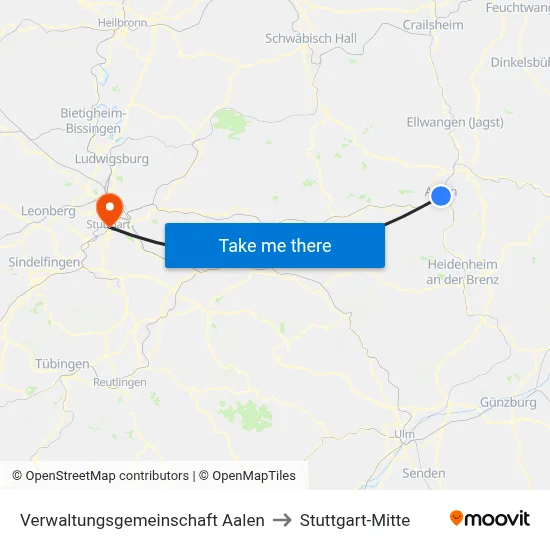 Verwaltungsgemeinschaft Aalen to Stuttgart-Mitte map