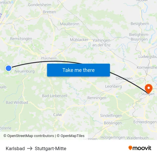 Karlsbad to Stuttgart-Mitte map