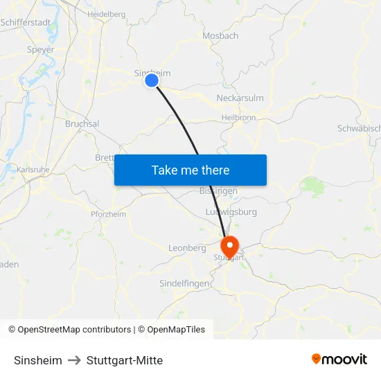 Sinsheim to Stuttgart-Mitte map