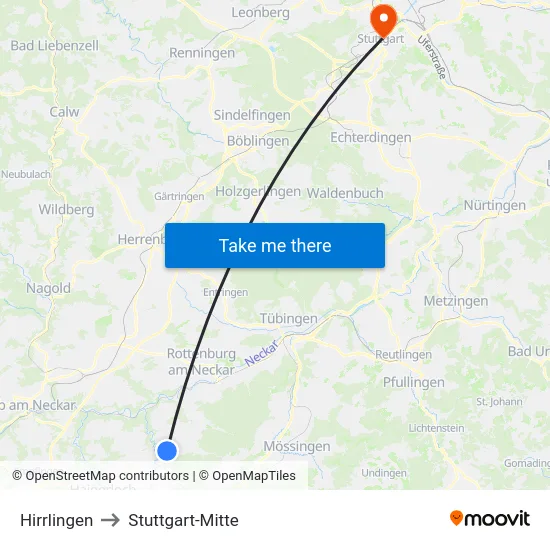 Hirrlingen to Stuttgart-Mitte map