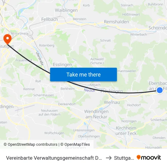 Vereinbarte Verwaltungsgemeinschaft Der Stadt Ebersbach An Der Fils to Stuttgart-Mitte map
