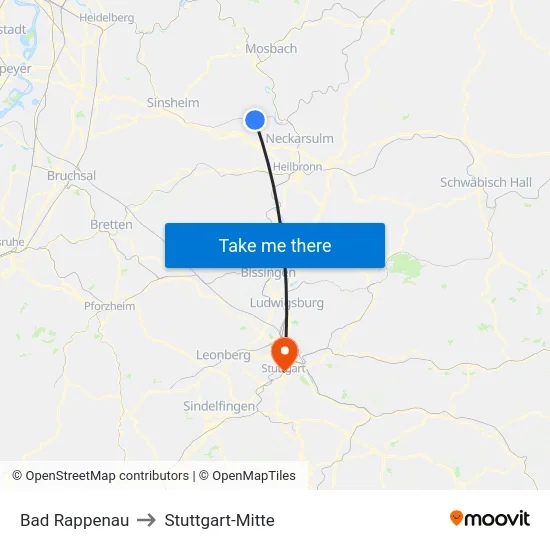Bad Rappenau to Stuttgart-Mitte map