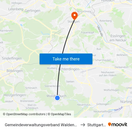 Gemeindeverwaltungsverband Waldenbuch/Steinenbronn to Stuttgart-Mitte map