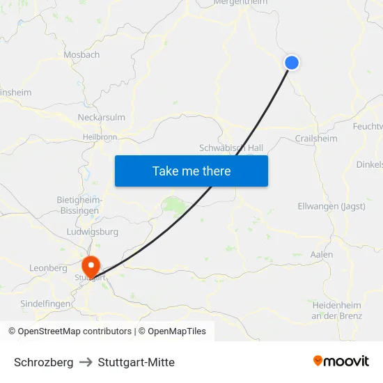 Schrozberg to Stuttgart-Mitte map