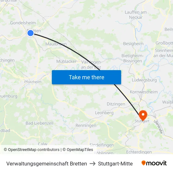 Verwaltungsgemeinschaft Bretten to Stuttgart-Mitte map
