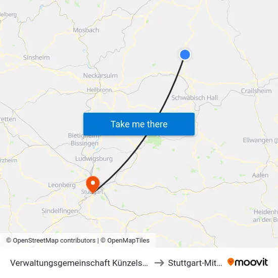 Verwaltungsgemeinschaft Künzelsau to Stuttgart-Mitte map