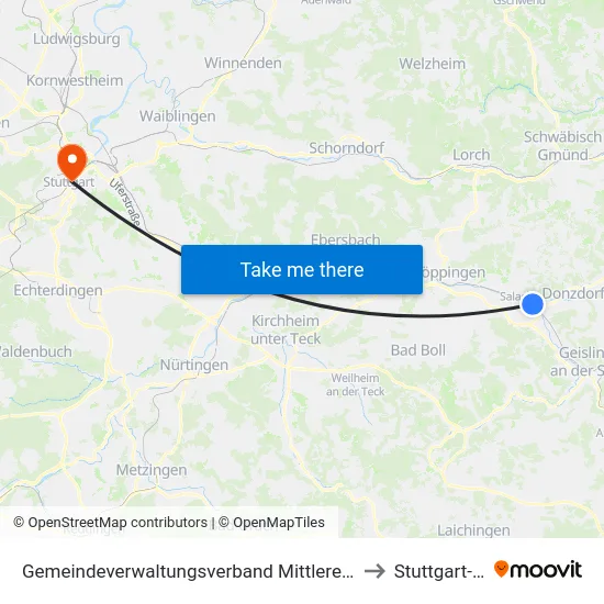 Gemeindeverwaltungsverband Mittleres Fils-Lautertal to Stuttgart-Mitte map