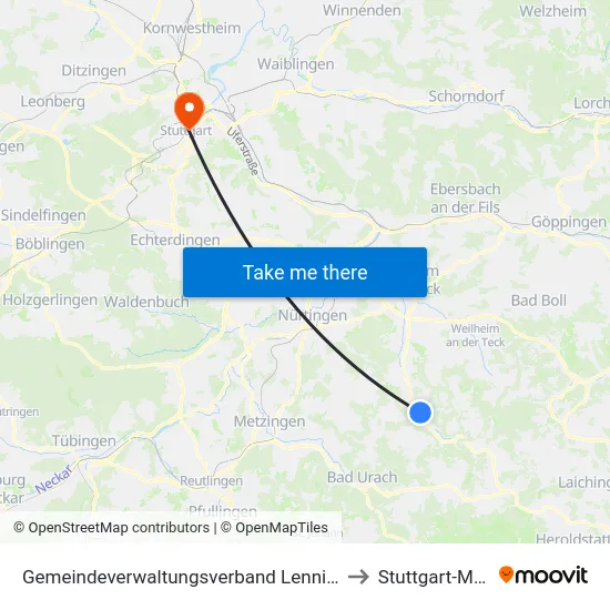 Gemeindeverwaltungsverband Lenningen to Stuttgart-Mitte map