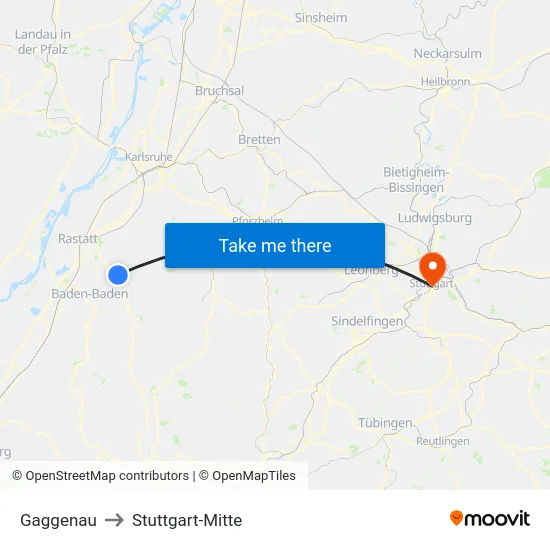Gaggenau to Stuttgart-Mitte map