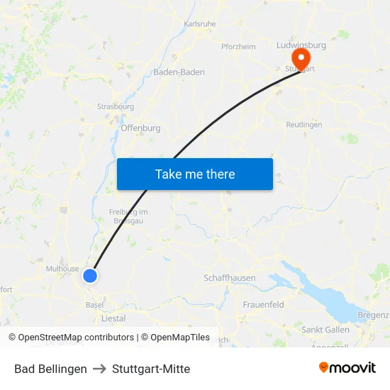 Bad Bellingen to Stuttgart-Mitte map