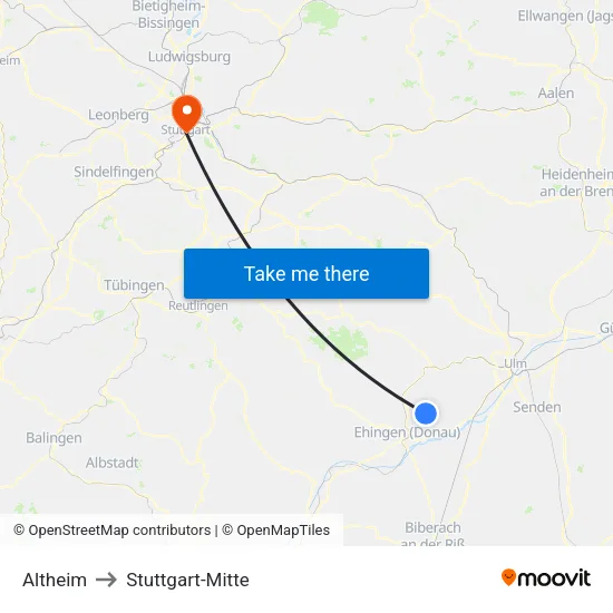 Altheim to Stuttgart-Mitte map