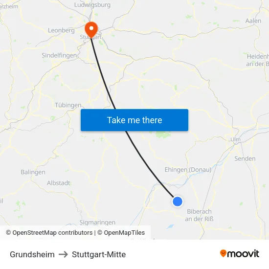 Grundsheim to Stuttgart-Mitte map