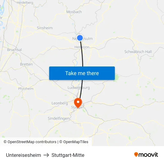 Untereisesheim to Stuttgart-Mitte map