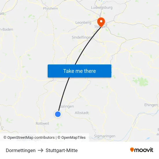 Dormettingen to Stuttgart-Mitte map