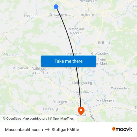 Massenbachhausen to Stuttgart-Mitte map