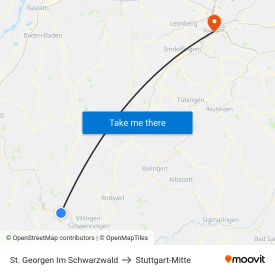 St. Georgen Im Schwarzwald to Stuttgart-Mitte map