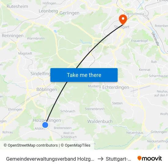Gemeindeverwaltungsverband Holzgerlingen to Stuttgart-Mitte map