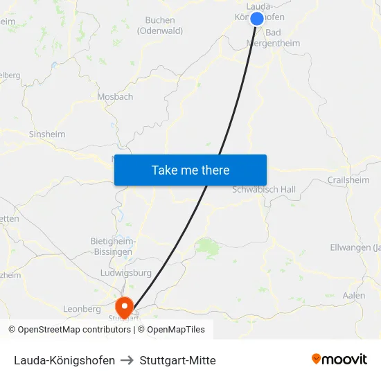 Lauda-Königshofen to Stuttgart-Mitte map