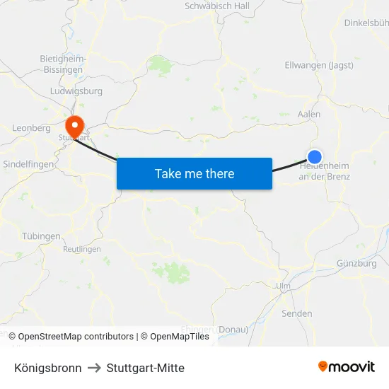 Königsbronn to Stuttgart-Mitte map