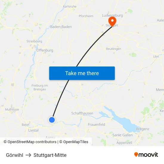 Görwihl to Stuttgart-Mitte map