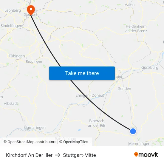 Kirchdorf An Der Iller to Stuttgart-Mitte map