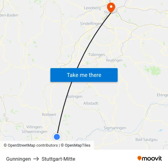 Gunningen to Stuttgart-Mitte map