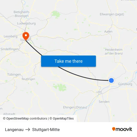 Langenau to Stuttgart-Mitte map