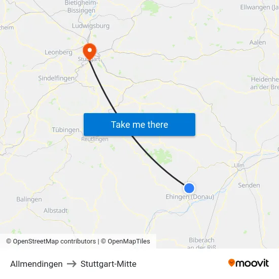 Allmendingen to Stuttgart-Mitte map