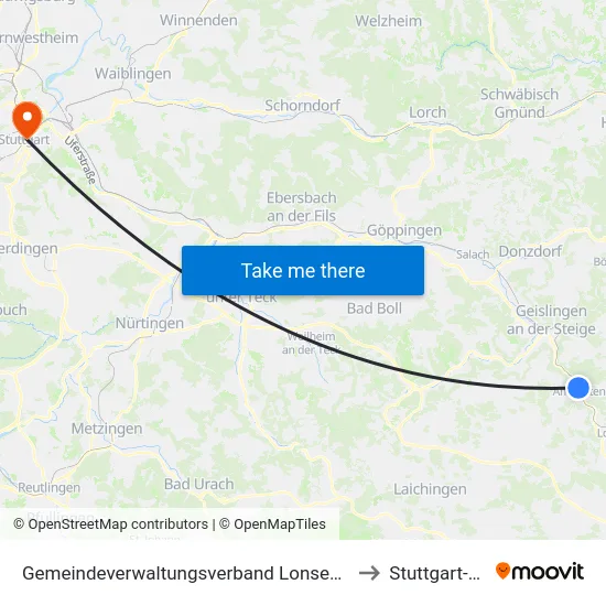 Gemeindeverwaltungsverband Lonsee-Amstetten to Stuttgart-Mitte map