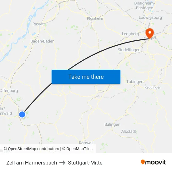 Zell am Harmersbach to Stuttgart-Mitte map