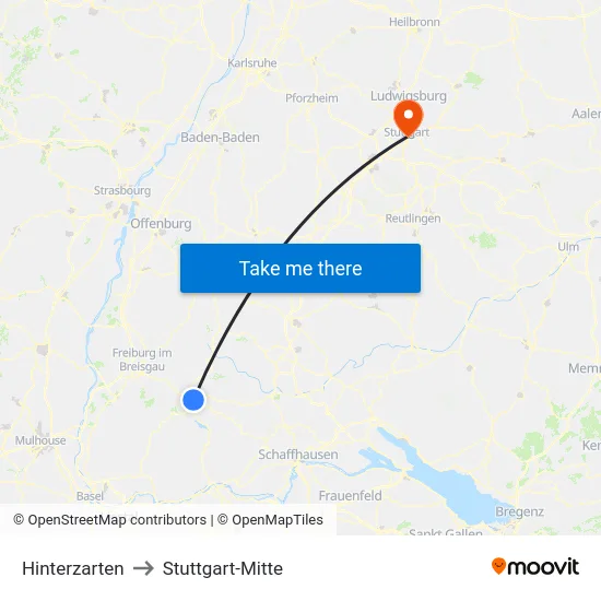 Hinterzarten to Stuttgart-Mitte map