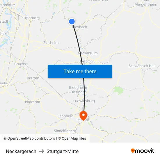 Neckargerach to Stuttgart-Mitte map
