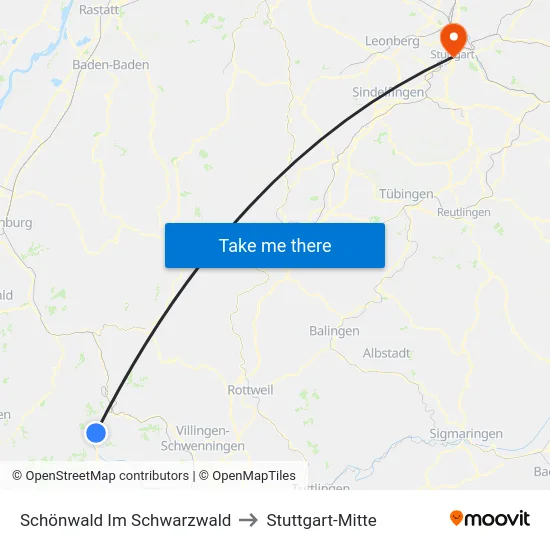 Schönwald Im Schwarzwald to Stuttgart-Mitte map