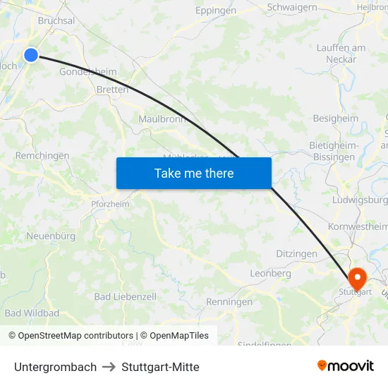 Untergrombach to Stuttgart-Mitte map