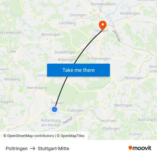 Poltringen to Stuttgart-Mitte map