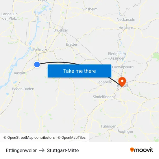 Ettlingenweier to Stuttgart-Mitte map