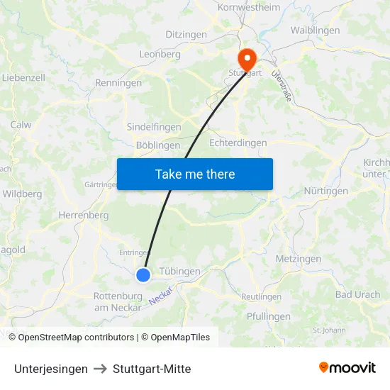 Unterjesingen to Stuttgart-Mitte map