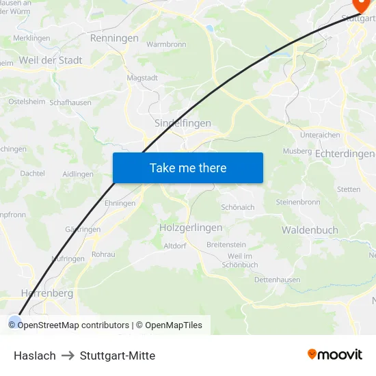 Haslach to Stuttgart-Mitte map