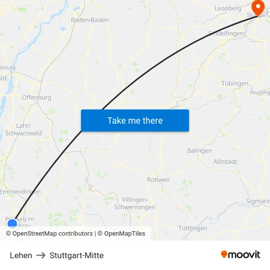 Lehen to Stuttgart-Mitte map