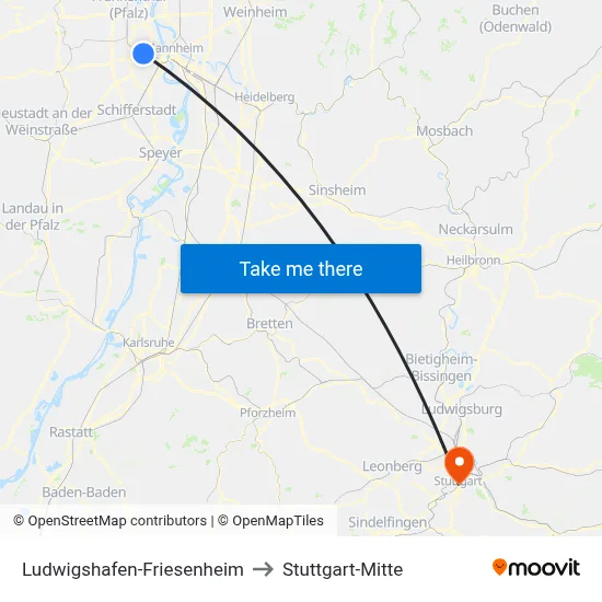 Ludwigshafen-Friesenheim to Stuttgart-Mitte map