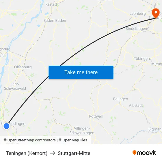 Teningen (Kernort) to Stuttgart-Mitte map