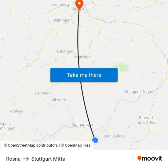 Rosna to Stuttgart-Mitte map